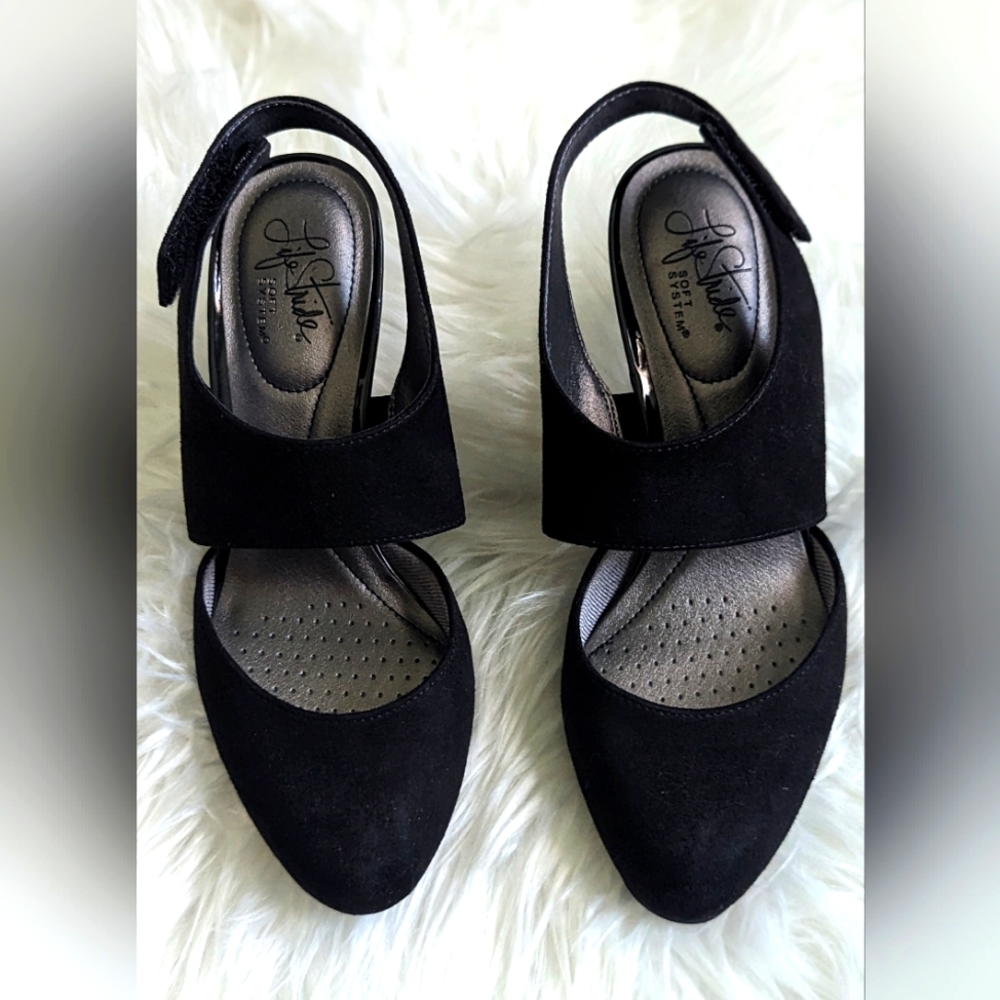 NIB Life Stride Luca black fabric, covered almond toe, strap over upper foot,